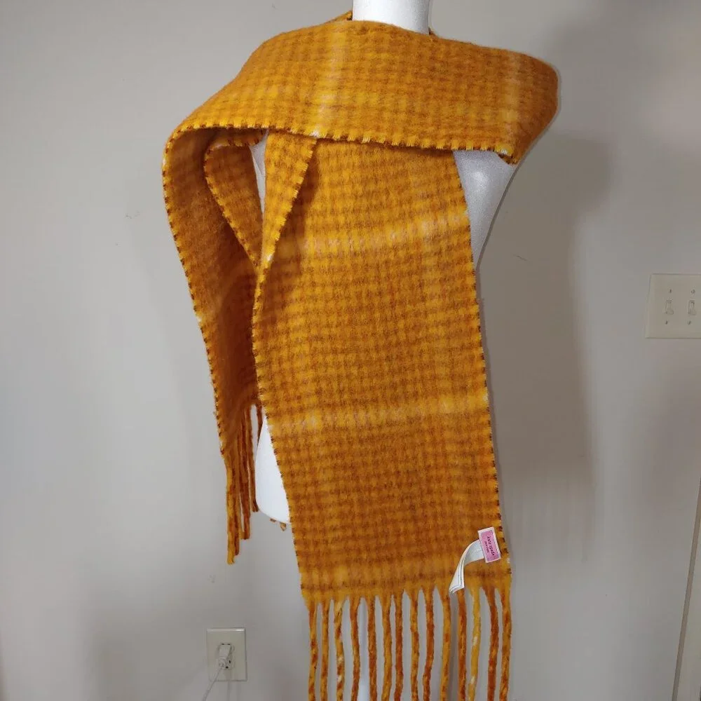 Kate Spade Fiesta Plaid Brushed Scarf Wool Blend Orange Fringed Plaid OS